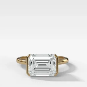 14k Gold Half Bezel Solitaire Engagement Ring With Emerald Cut Diamond